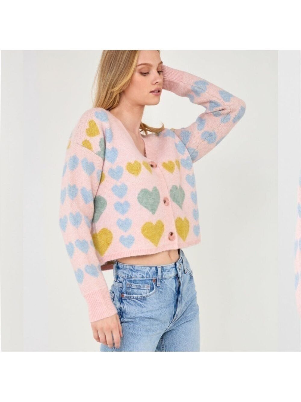 FREE THE ROSES Cropped Oversized Pastel Heart Cardigan Sweater New with Tags XS